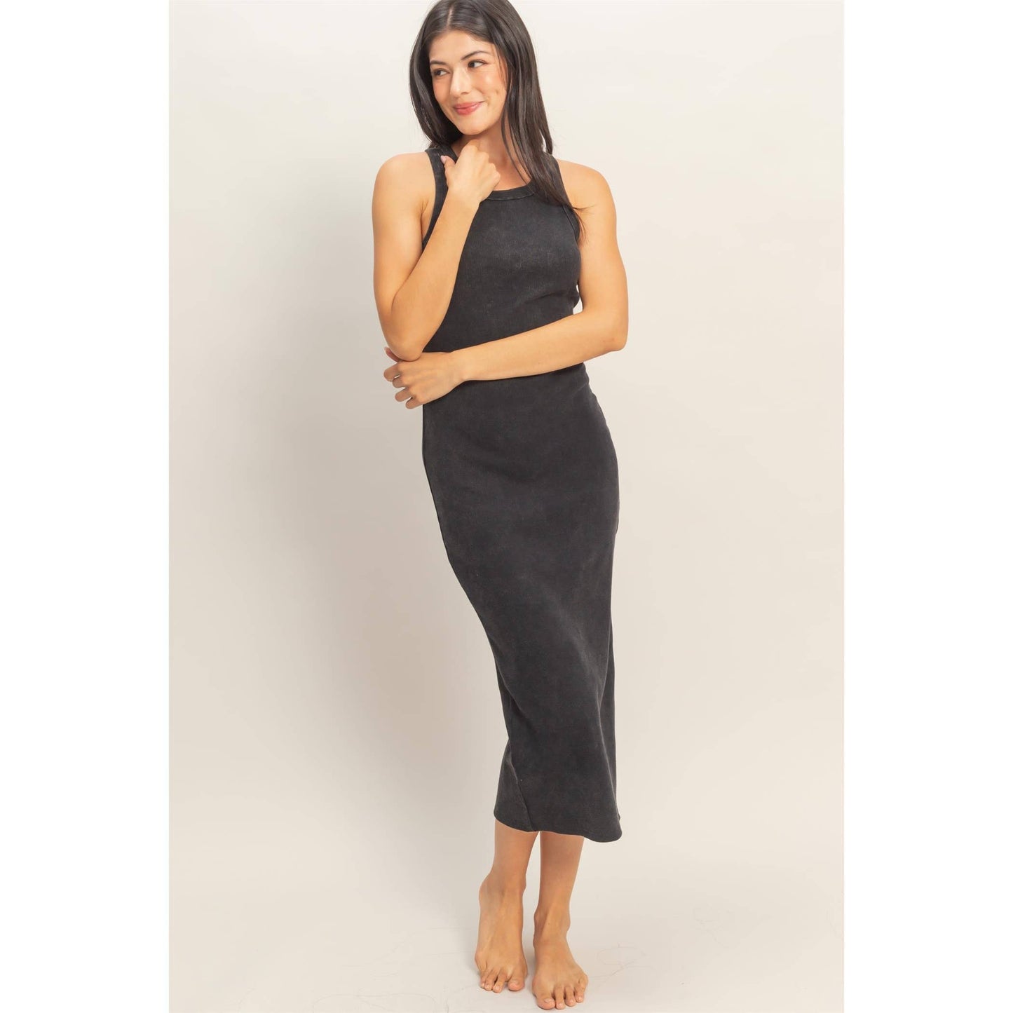Acid Washed Ribbed Midi Tank Dress