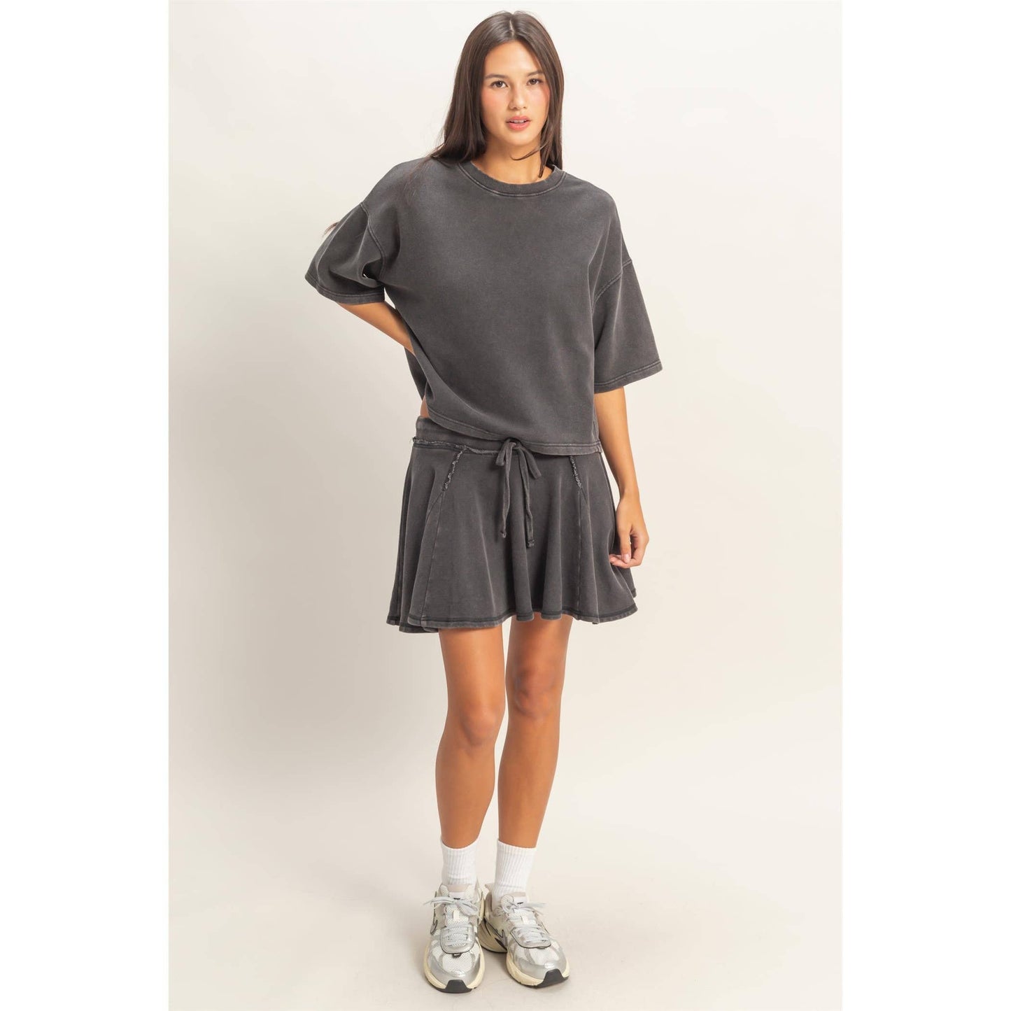 Acid Washed Mid Waist Flowy Skort