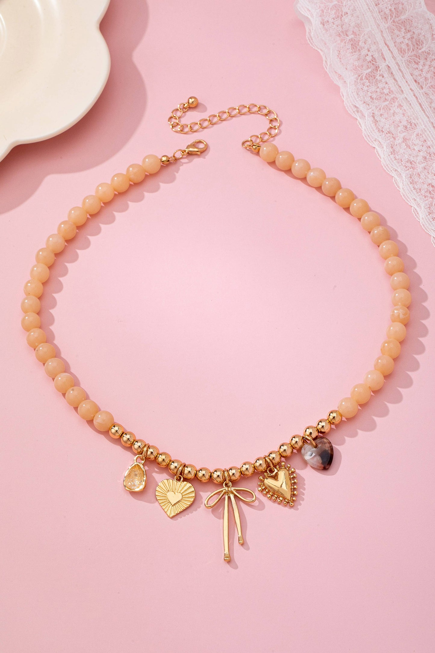 Beige Beaded Bow Heart Rhinestone Charm Necklace