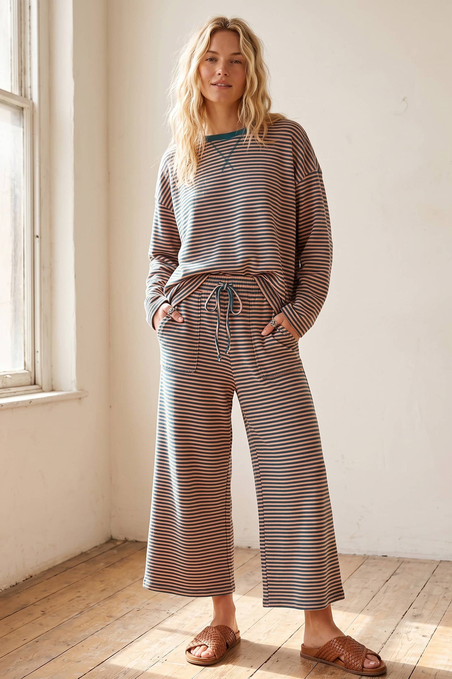 Striped Relaxed Top & Wide Leg Pants Knit Set