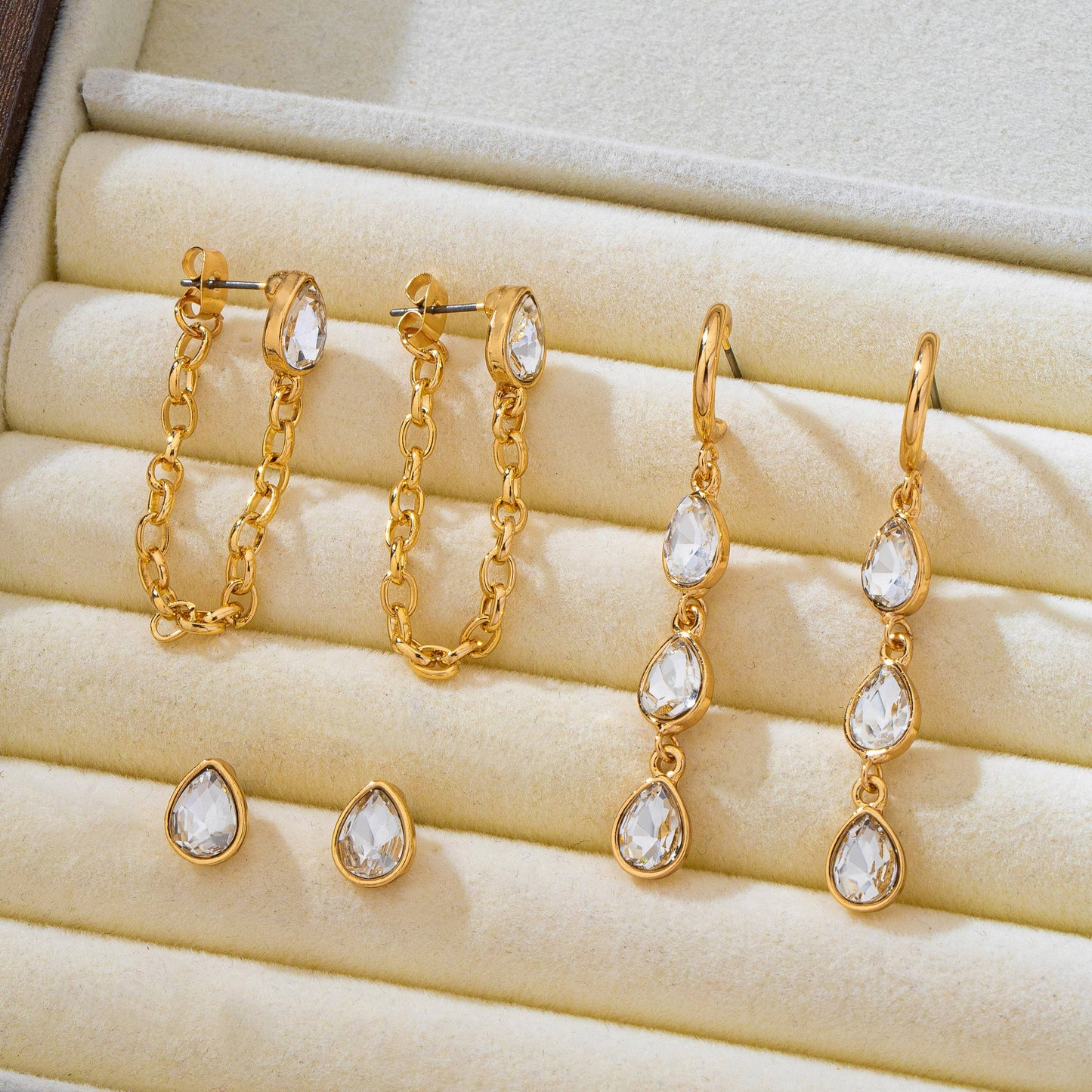Teardrop Crystal Chain Hoop Drop Trio Earring Set