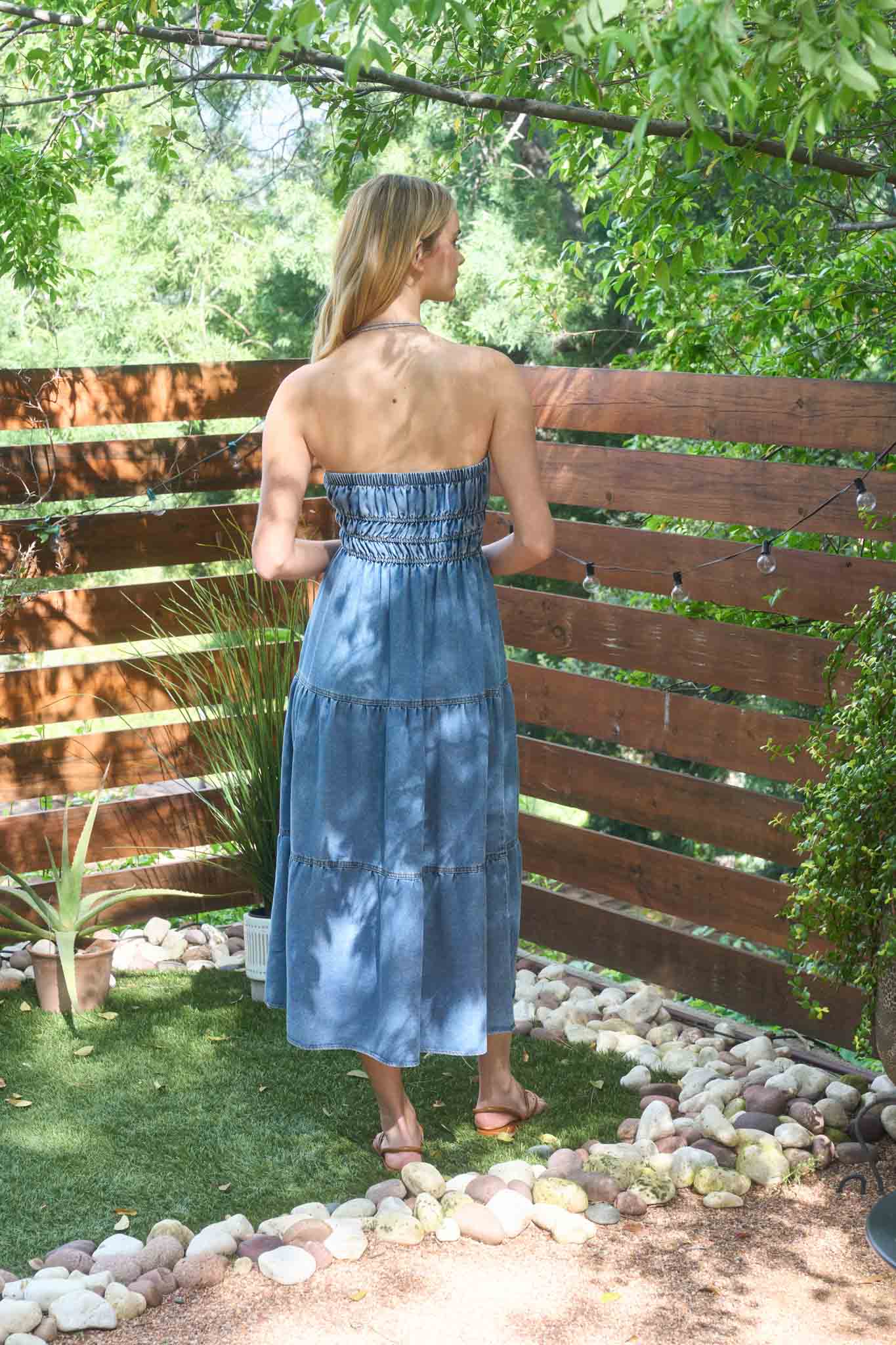 Strapless Tiered Denim Midi Sundress