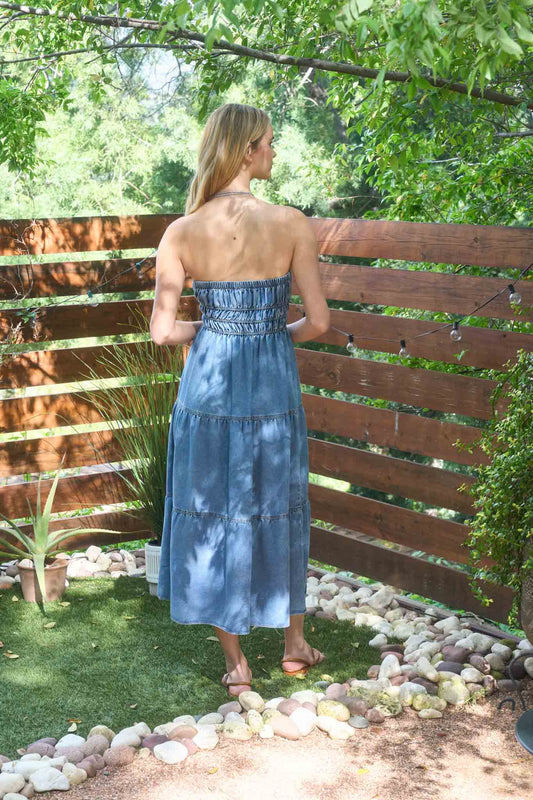 Strapless Tiered Denim Midi Sundress