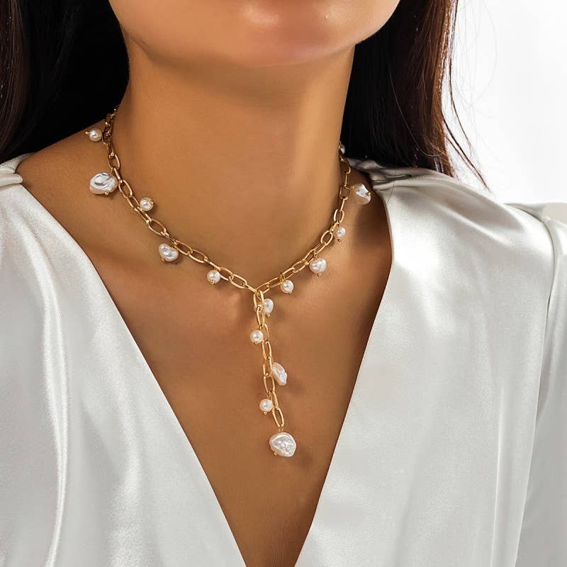 Boho Y-Neck Pearl Station Cross Necklace