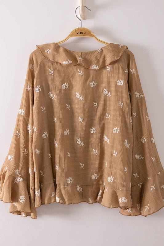 Floral Embroidery Ruffled Blouse Top