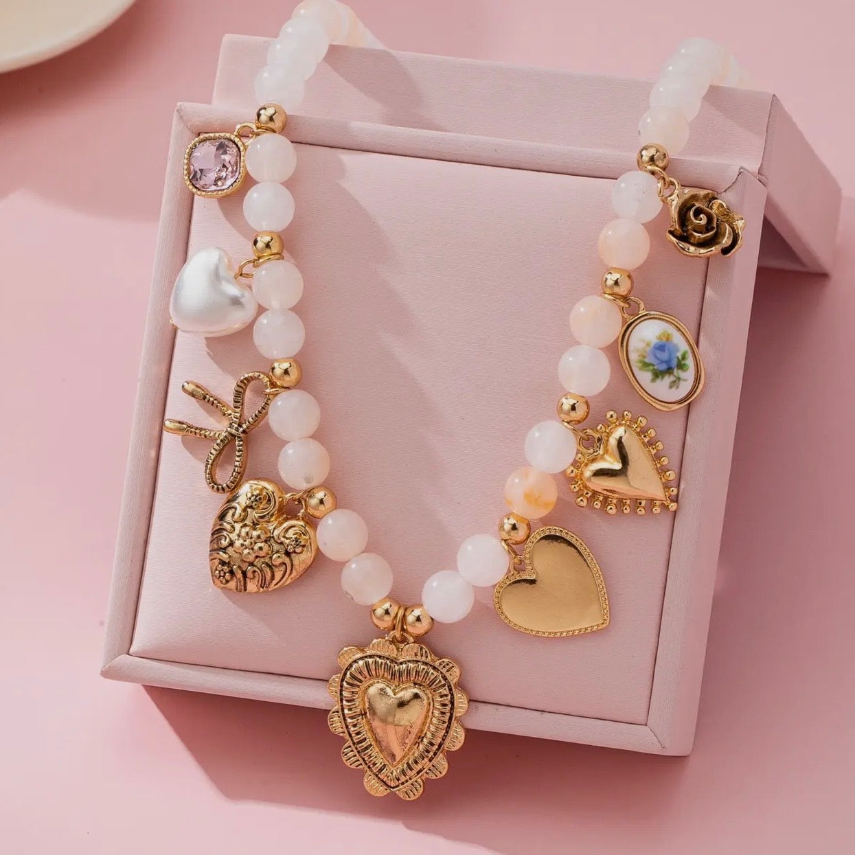 White Beaded Porcelain Heart Multi-Charm Necklace