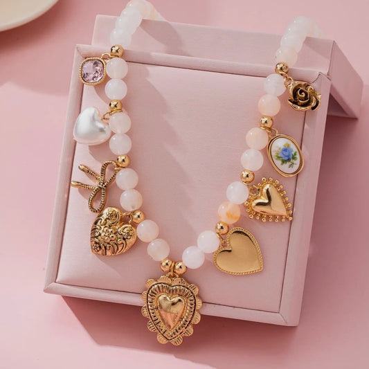 White Beaded Porcelain Heart Multi-Charm Necklace