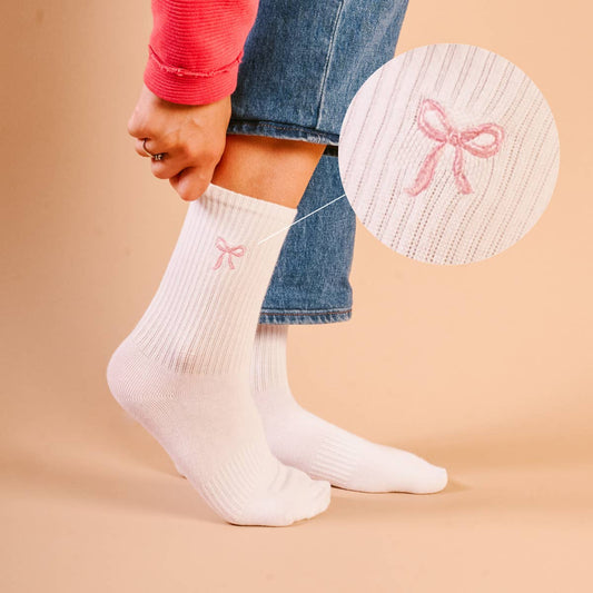 Embroidered Crew Socks–Pink Bow