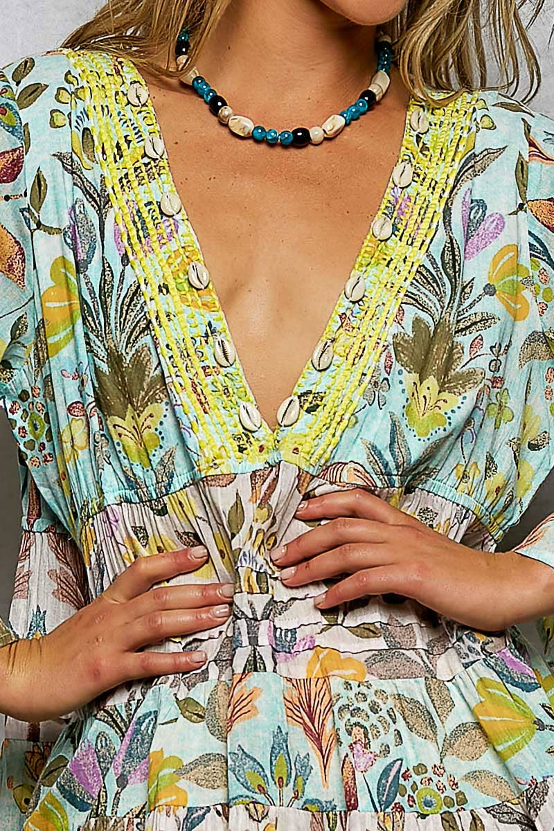 V-neck Seashell Shape Printed Woven Dress