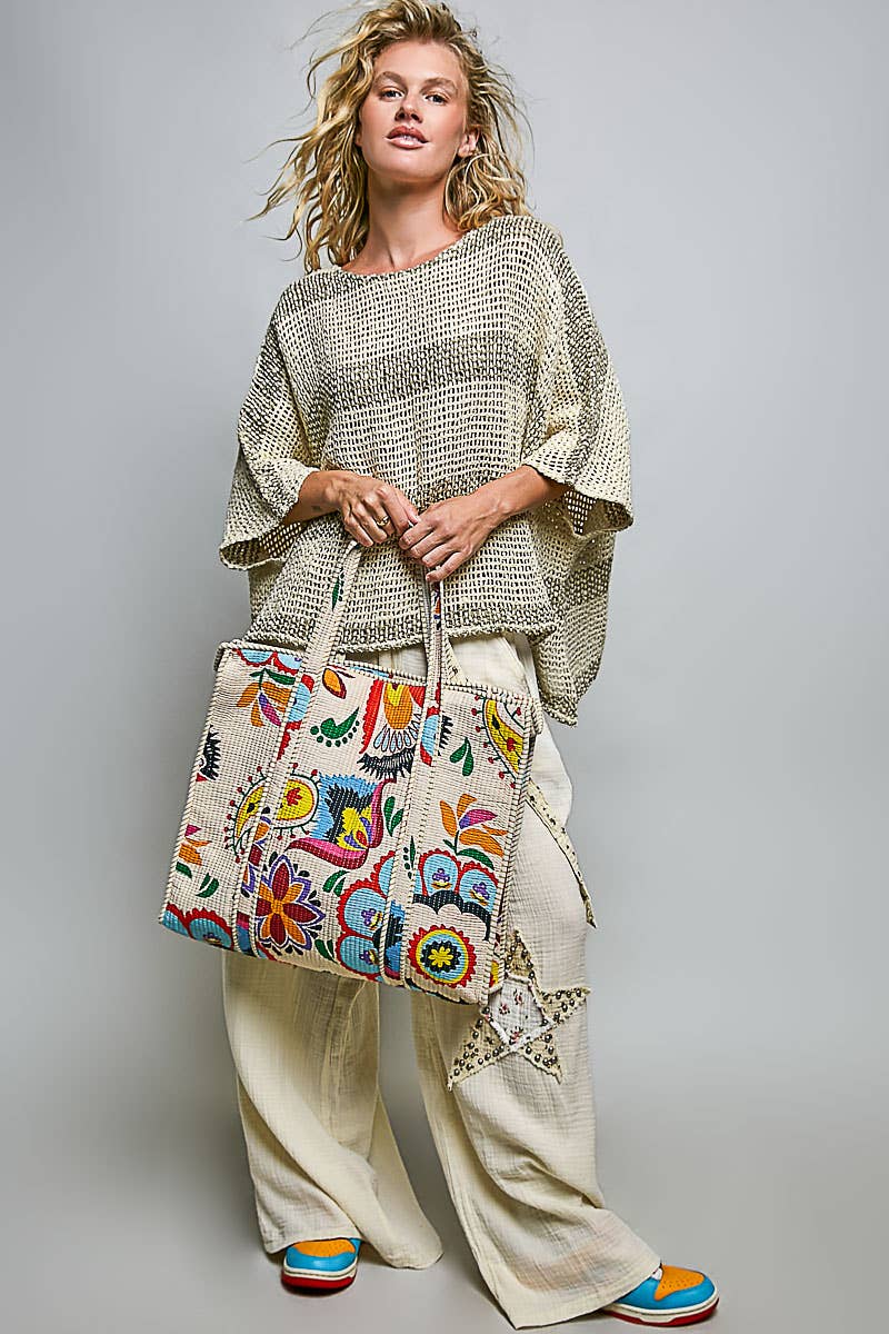 Cotton Printed Cream Tote Bag