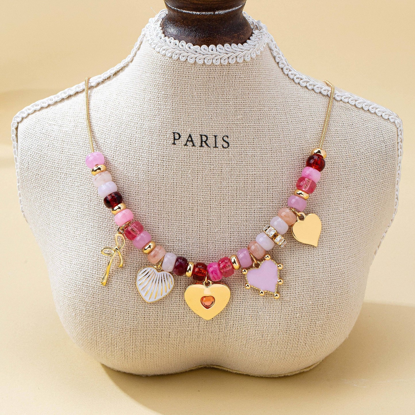 Pink Beaded Heart and Shell Charm Necklace
