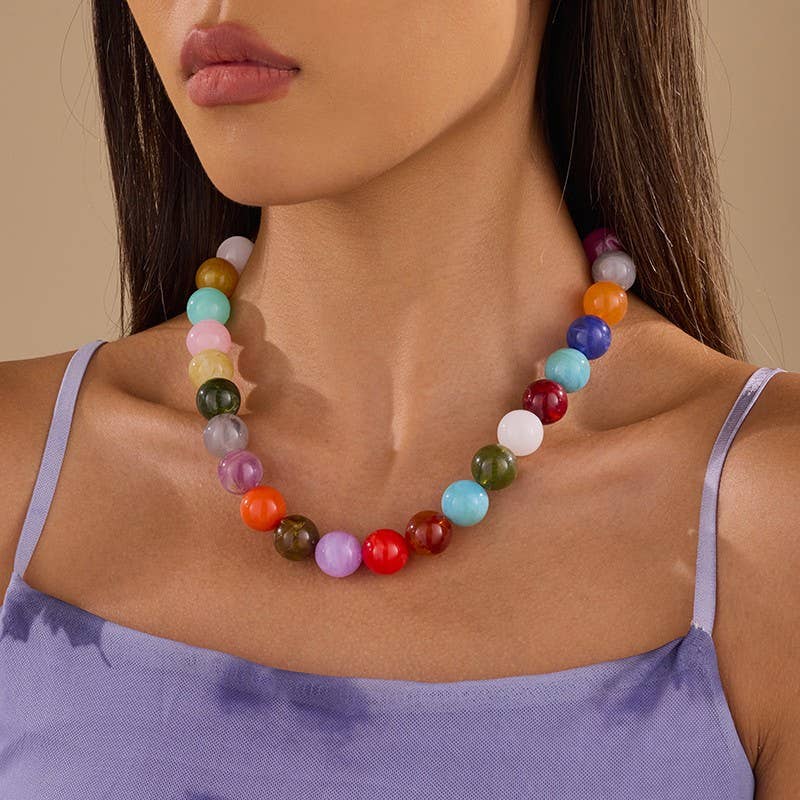 Chunky Multi-Color Marbled Resin Bead Necklace