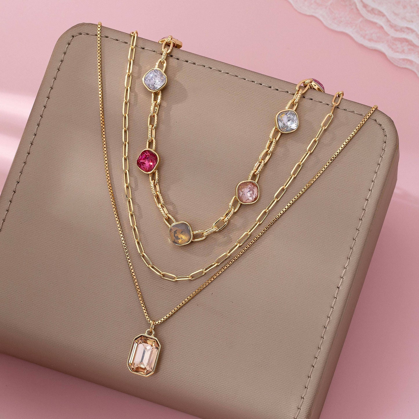 Oval Stone Beaded Ball Multi Layer Chain Necklace