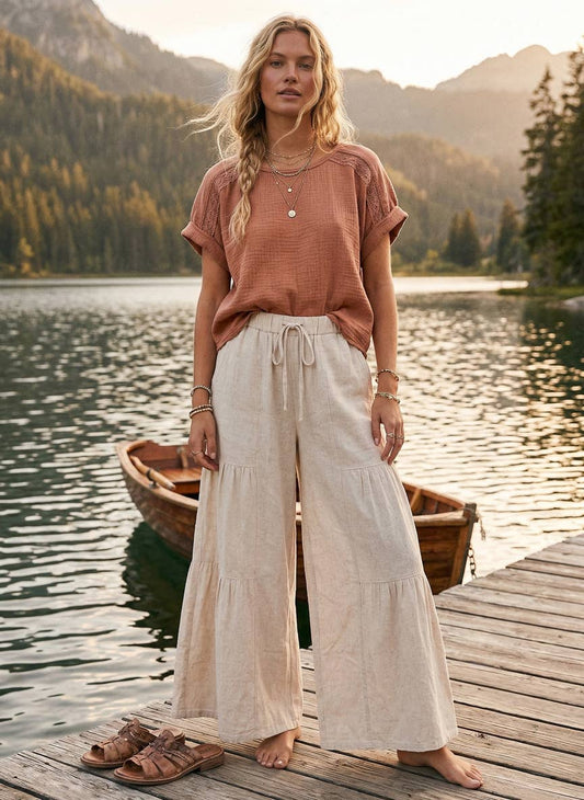 Linen Blend Tiered Wide Leg Palazzo Pants