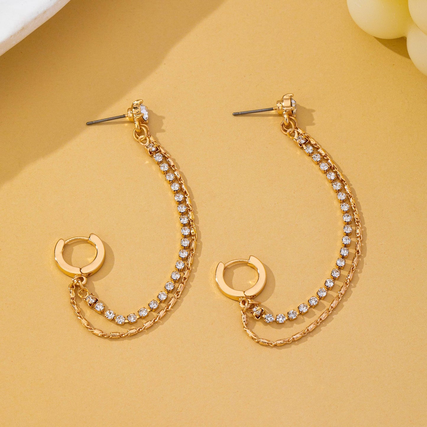 Rhinestone & Gold Double Chain Drapes Drop Earrings