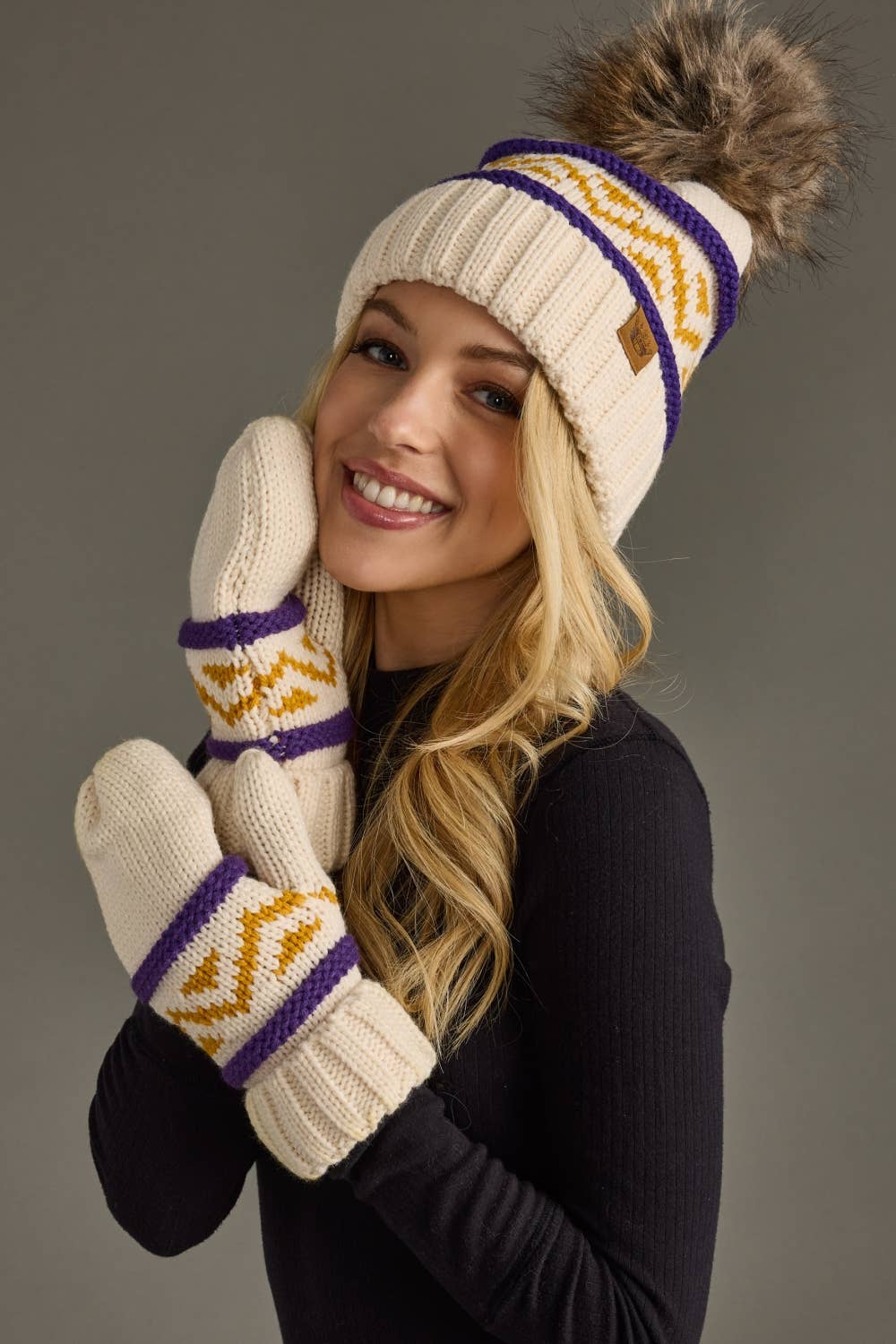 Cream, Purple & Gold Patterned Pom Hat
