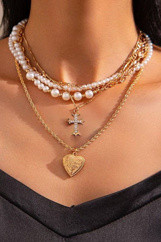 Rhinestone Cross & Gold Heart Charm Multilayer Pearl Gold Mix Necklace Set