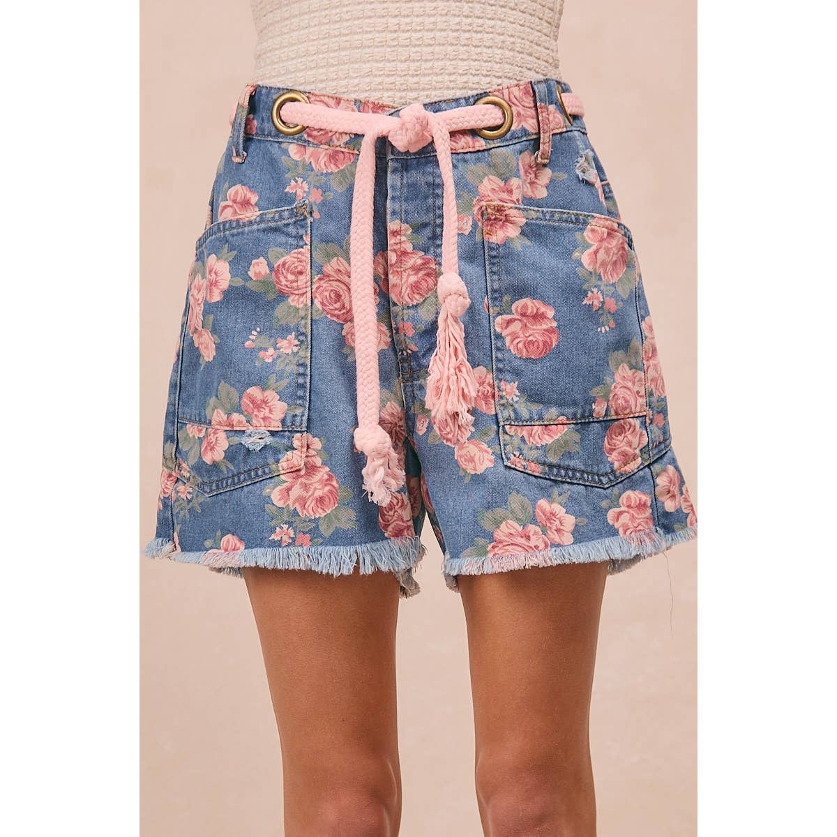 Braided Waist Belt Floral Denim Shorts