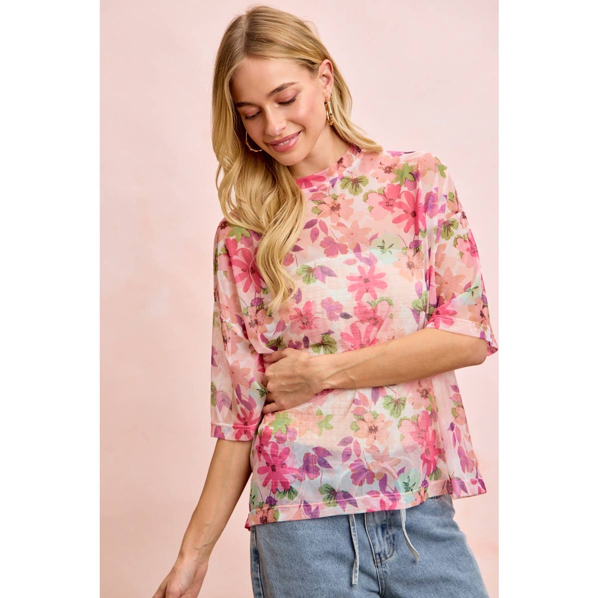 Floral Print Mesh Over Sized Top