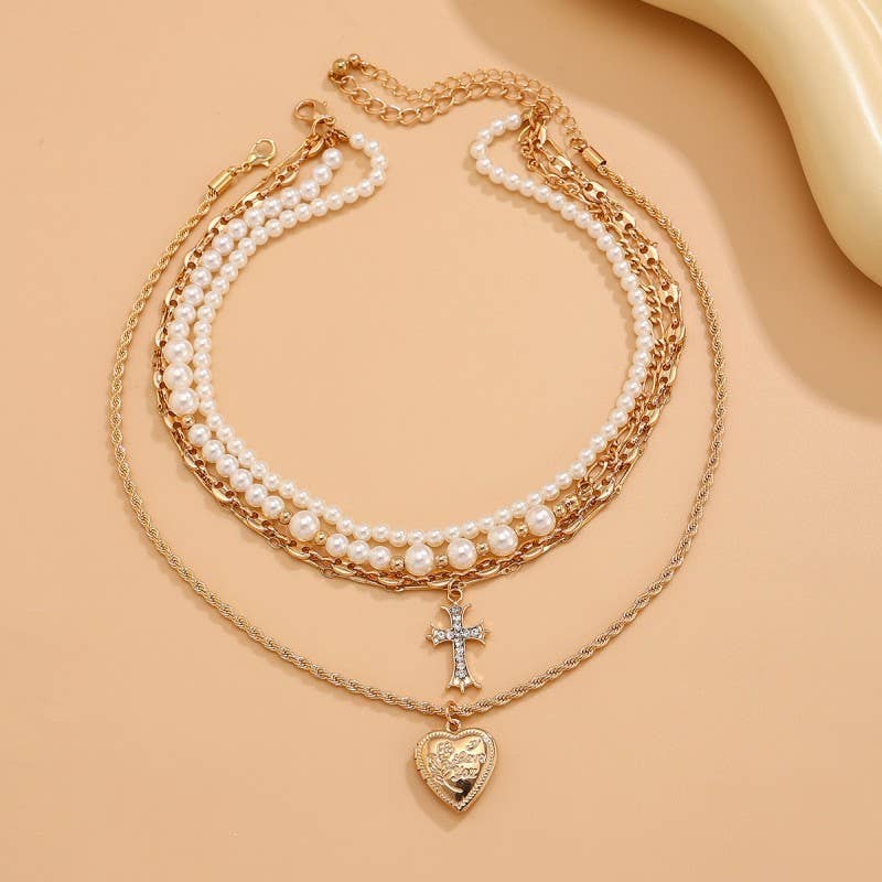 Rhinestone Cross & Gold Heart Charm Multilayer Pearl Gold Mix Necklace Set