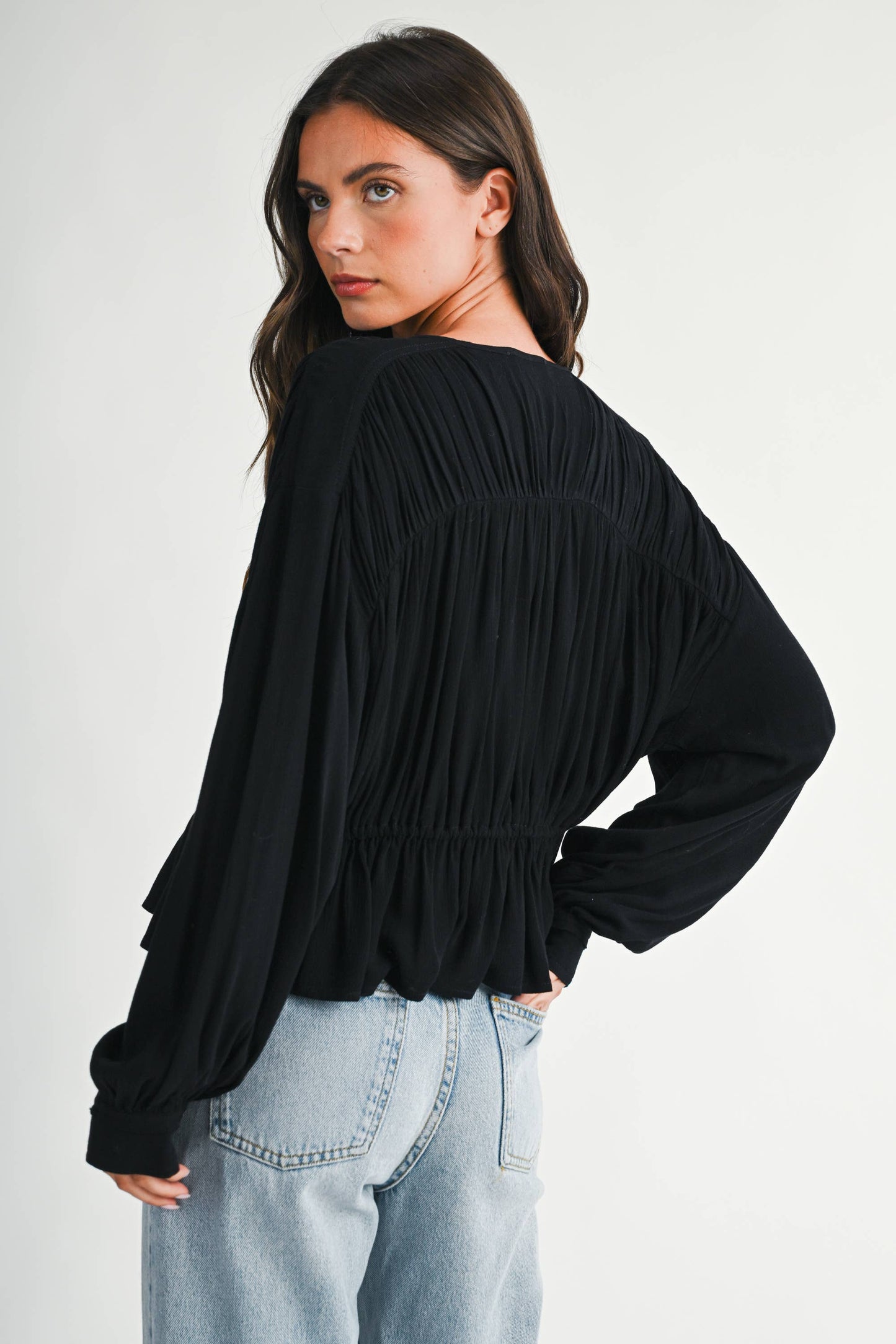 Textured Button Front Peplum Blouse