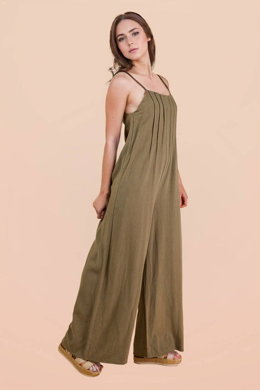 Pleated Solid Woven Sleeveless Jumpsuit