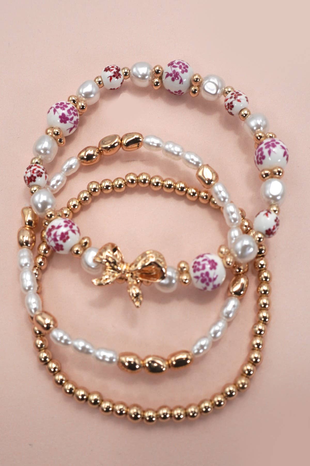 Pink Ceramic Porcelain Bow and Pearl Chain Stretchable Bracelet