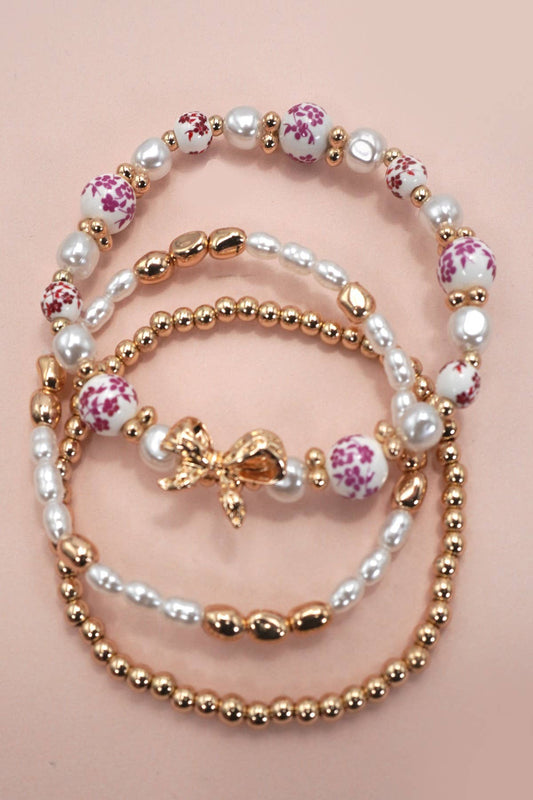 Pink Ceramic Porcelain Bow and Pearl Chain Stretchable Bracelet