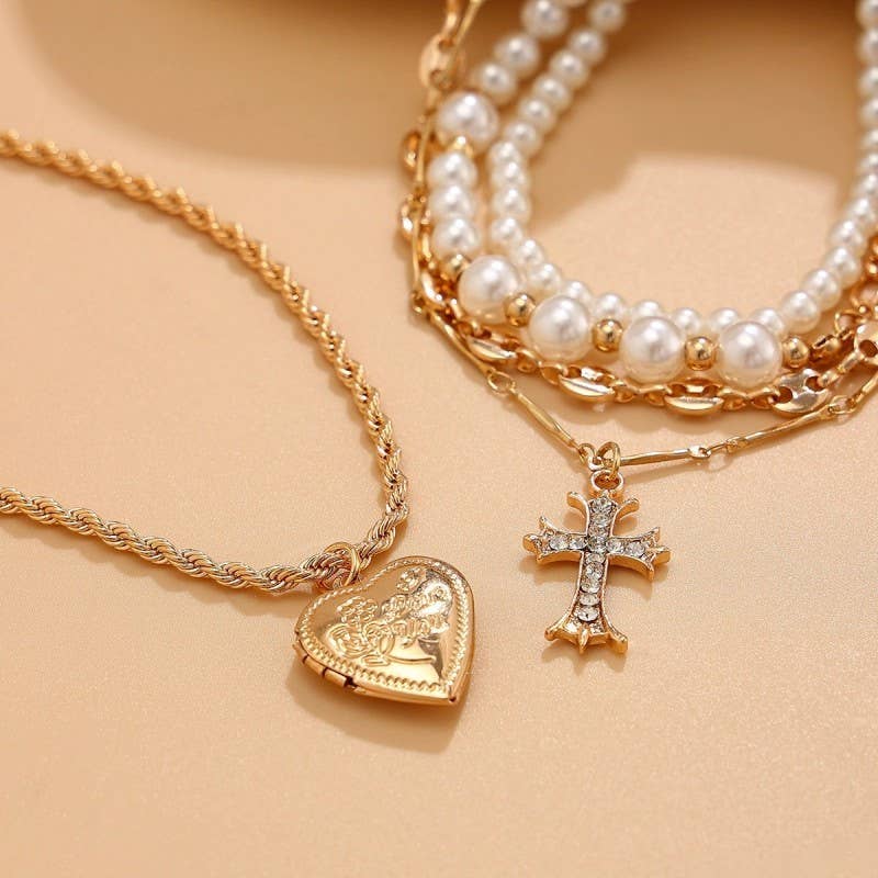 Rhinestone Cross & Gold Heart Charm Multilayer Pearl Gold Mix Necklace Set