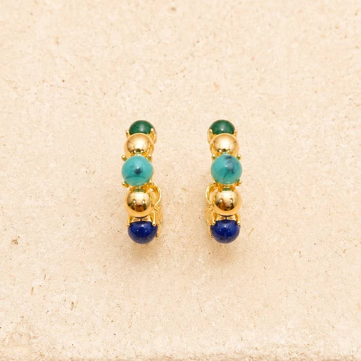 Multi-Color Cabochon Gold Hoop Earrings