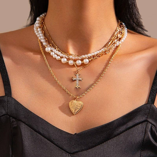 Rhinestone Cross & Gold Heart Charm Multilayer Pearl Gold Mix Necklace Set