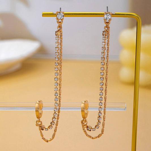 Rhinestone & Gold Double Chain Drapes Drop Earrings