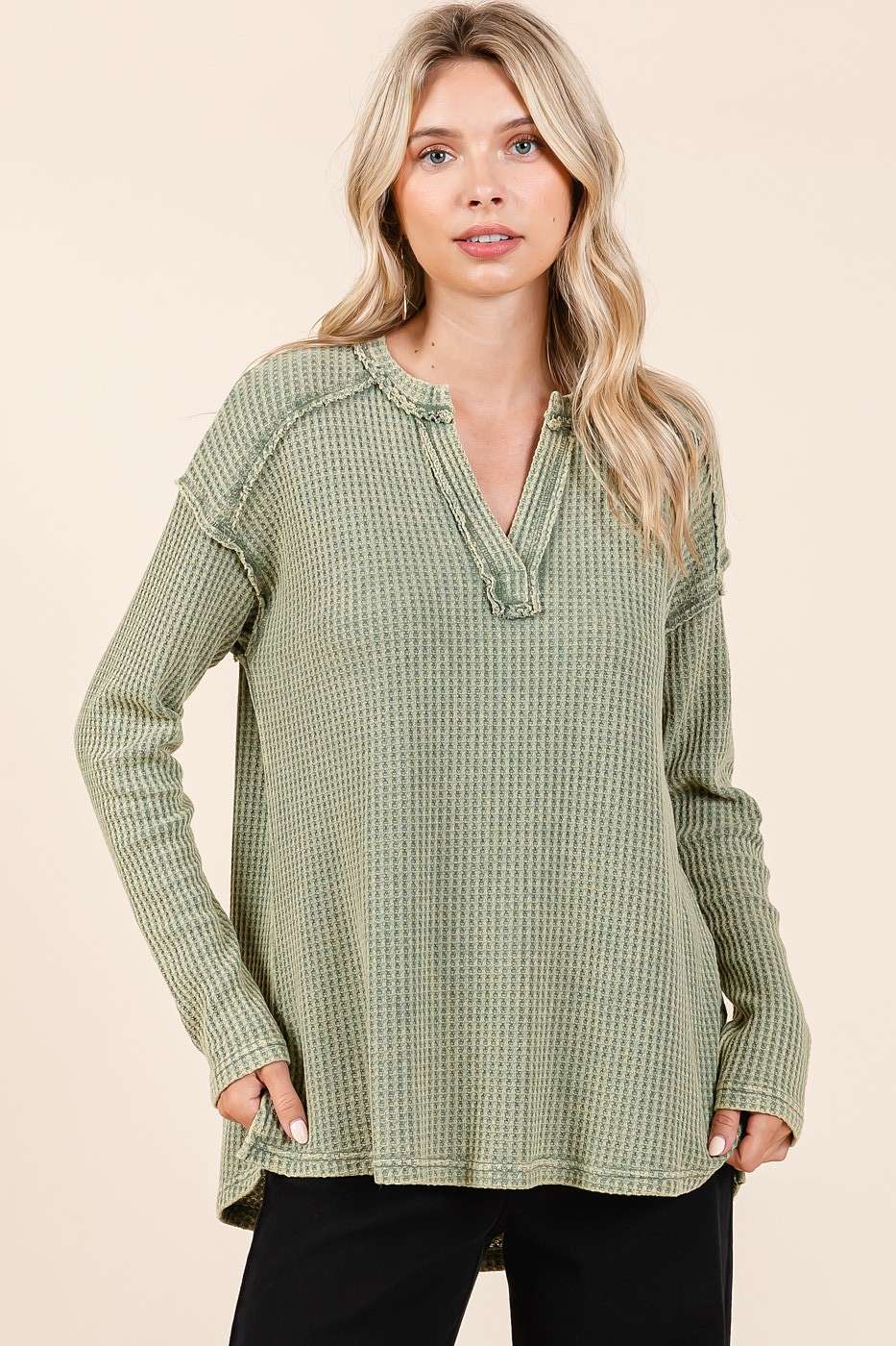 Mineral Wash Waffle Knit V-Neck Long Sleeve Top