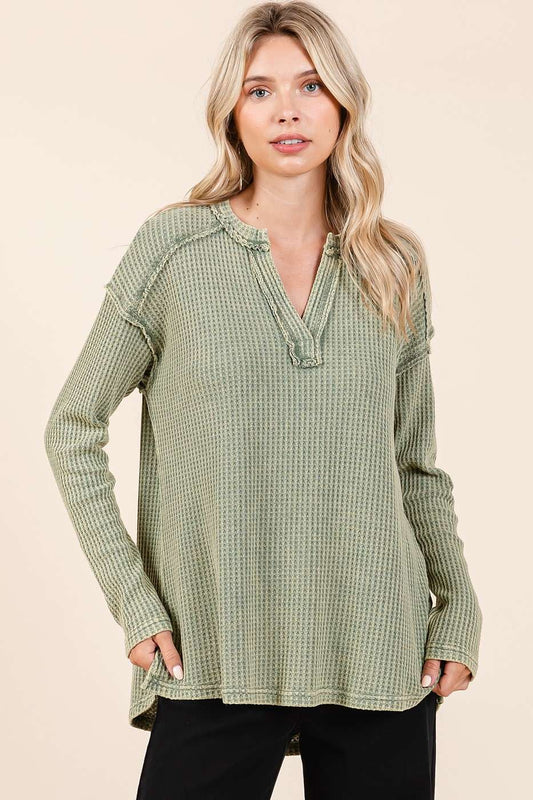 Mineral Wash Waffle Knit V-Neck Long Sleeve Top