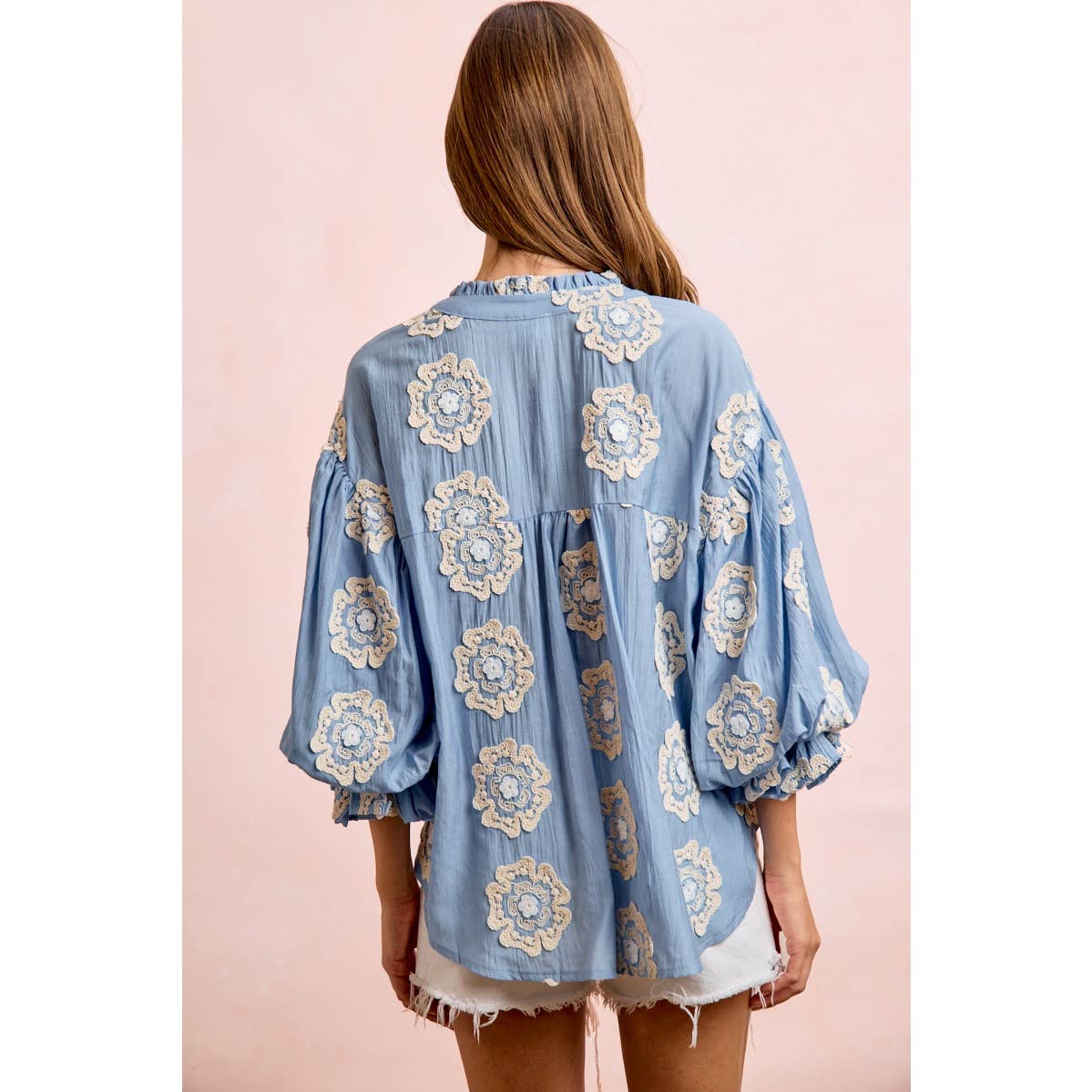 Flower Patch Woven Bubble Sleeve Blouse