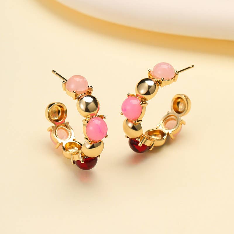 Multi-Color Cabochon Gold Hoop Earrings