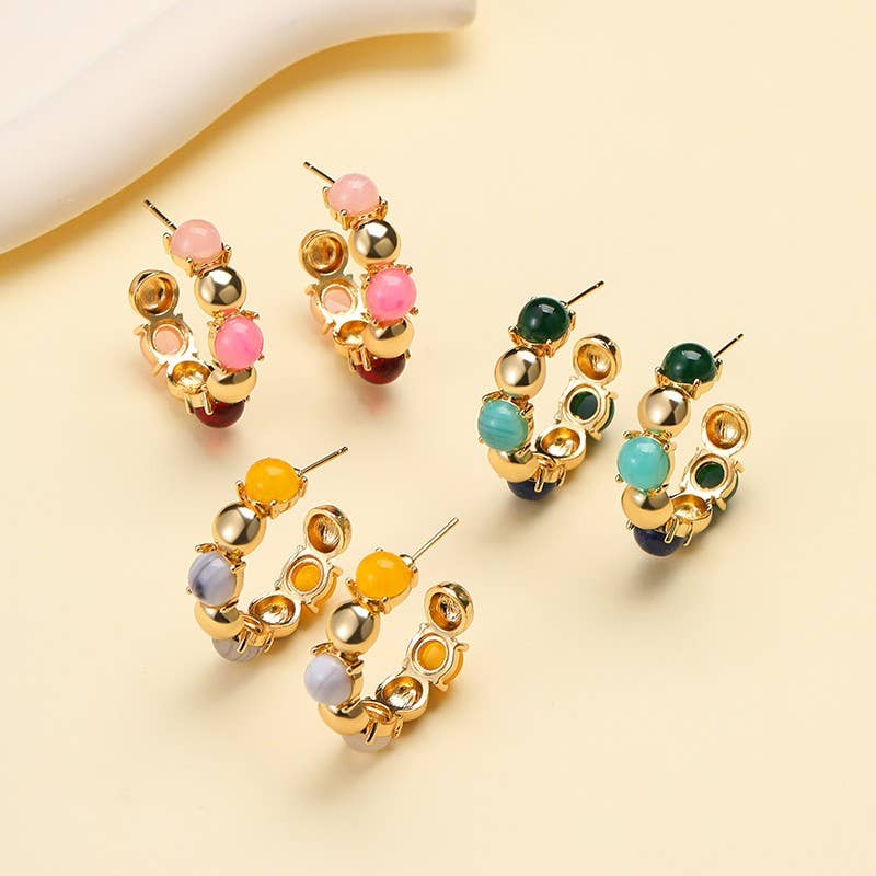 Multi-Color Cabochon Gold Hoop Earrings