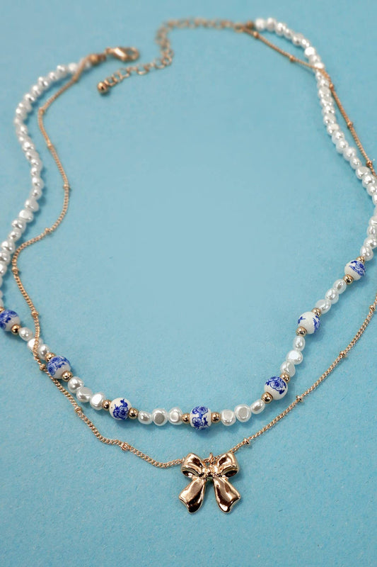 Blue Ceramic Porcelain Pearl Mix with Layered Bow Charm Chain Necklace