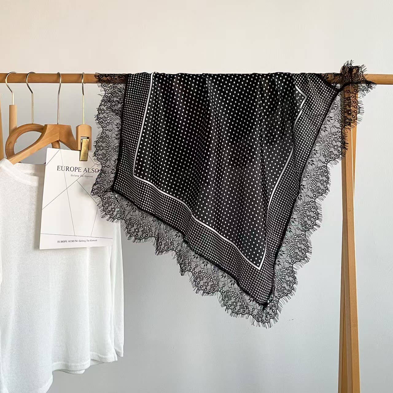 Patterned Silk-Feel Lace Trim Square Scarf
