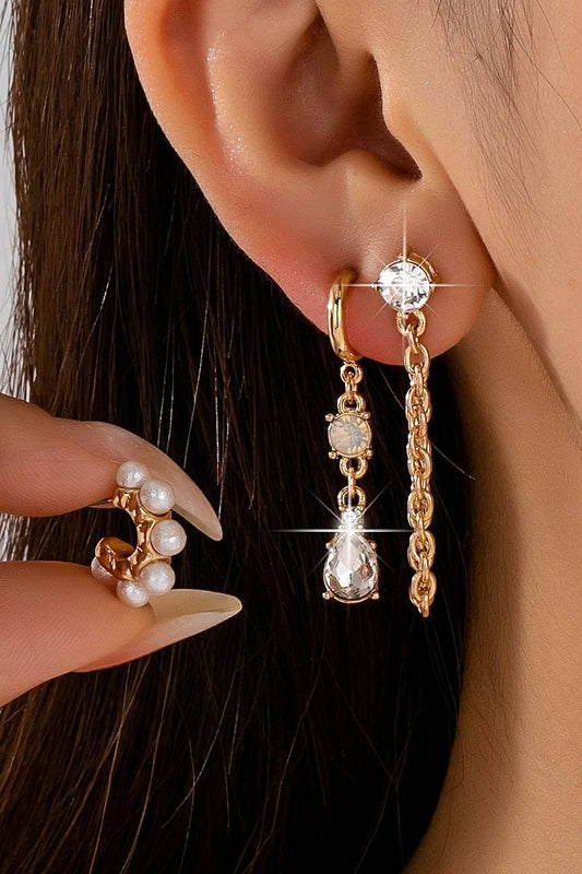 Pearl Hoop Crystal Drop Chain Trio Earring Set
