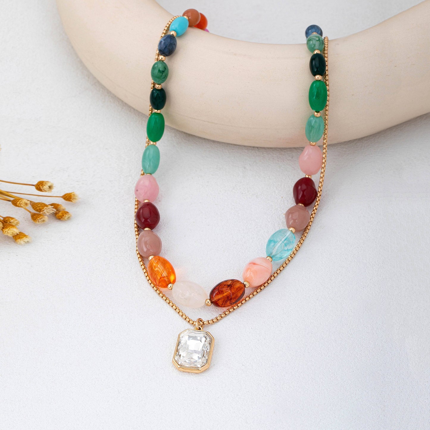 Multi-Color Stone & Crystal Pendant Necklace