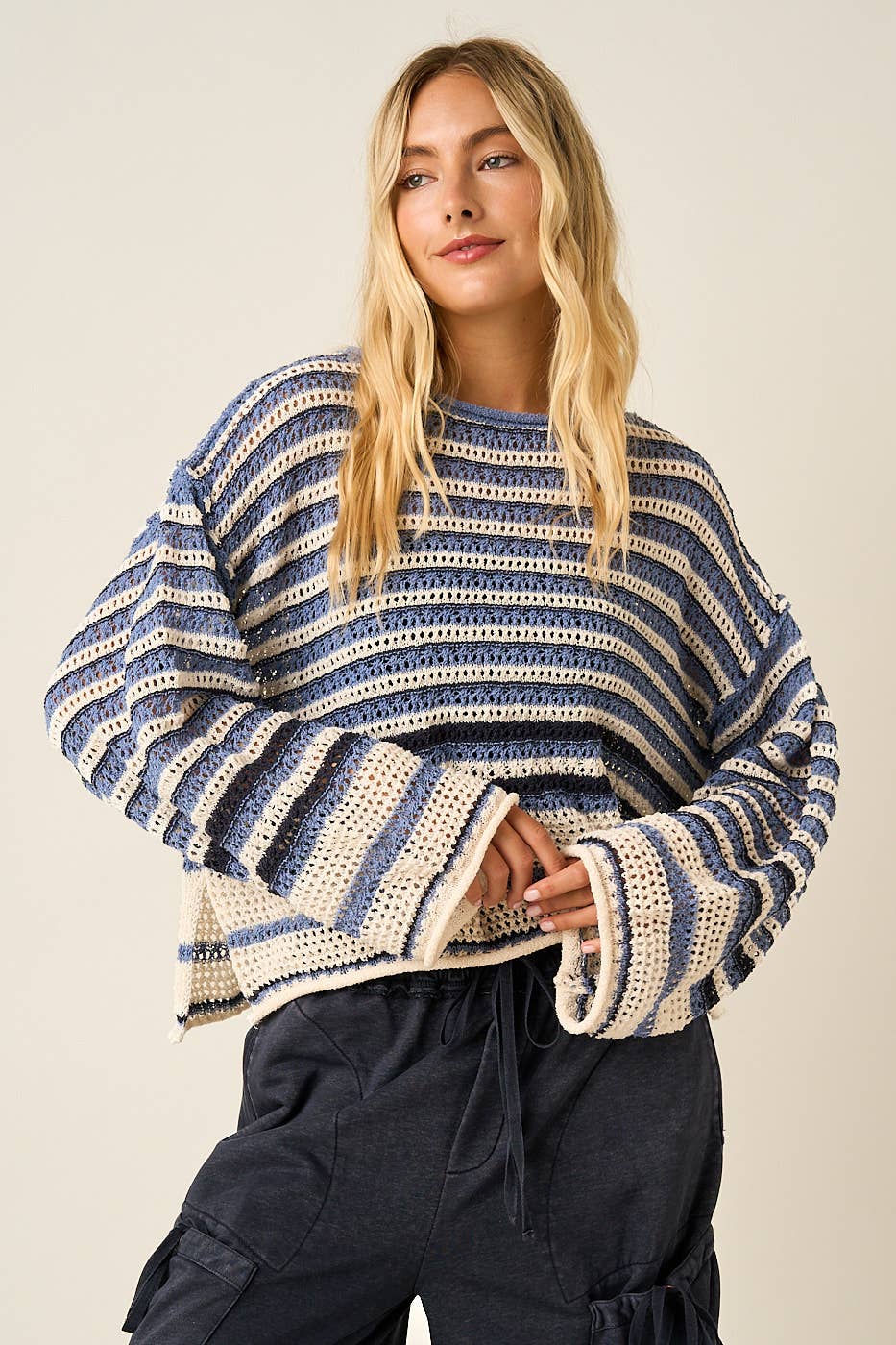 Striped Crochet Long Sleeve Top