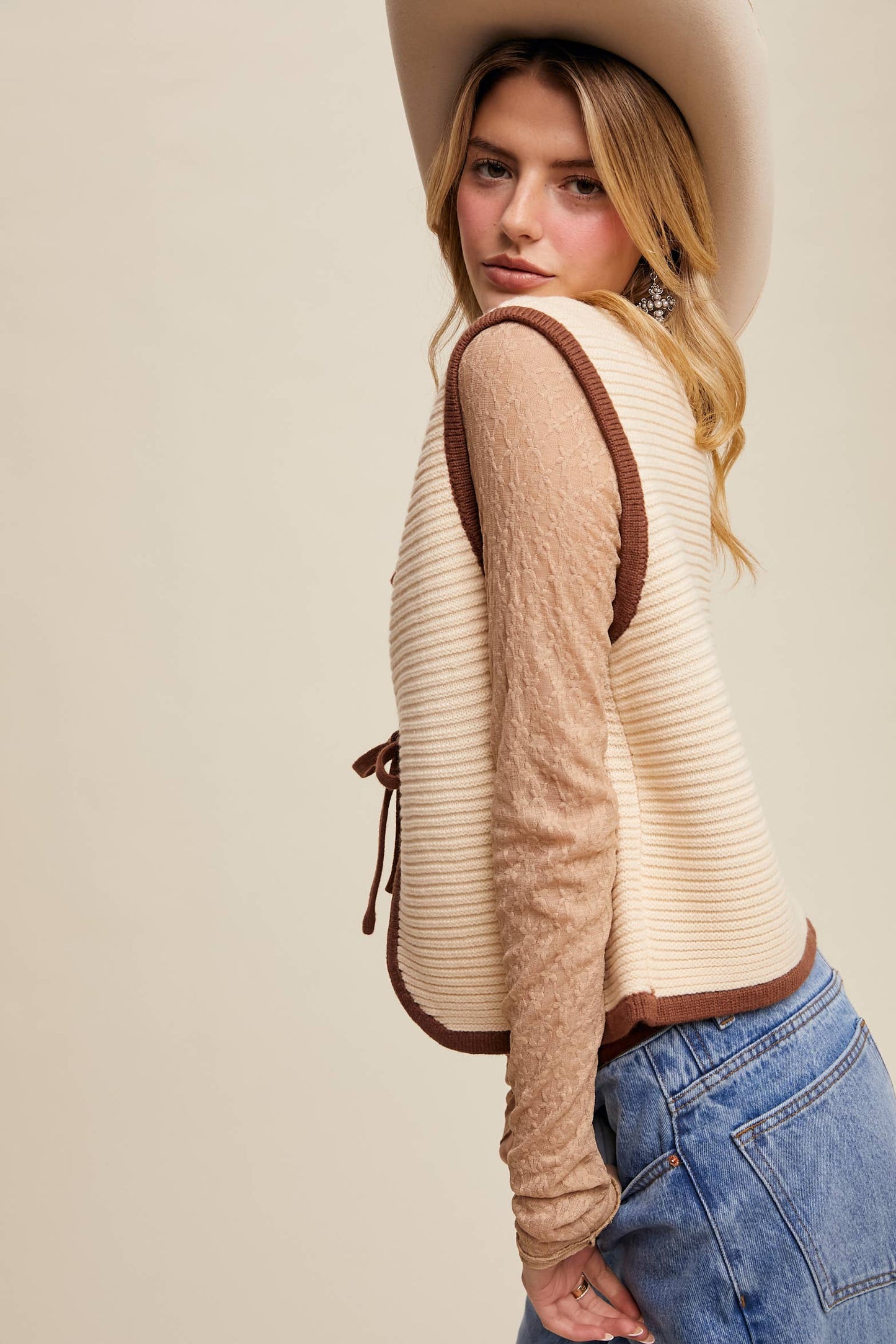 Two-Tone Tie Front Knit Vest