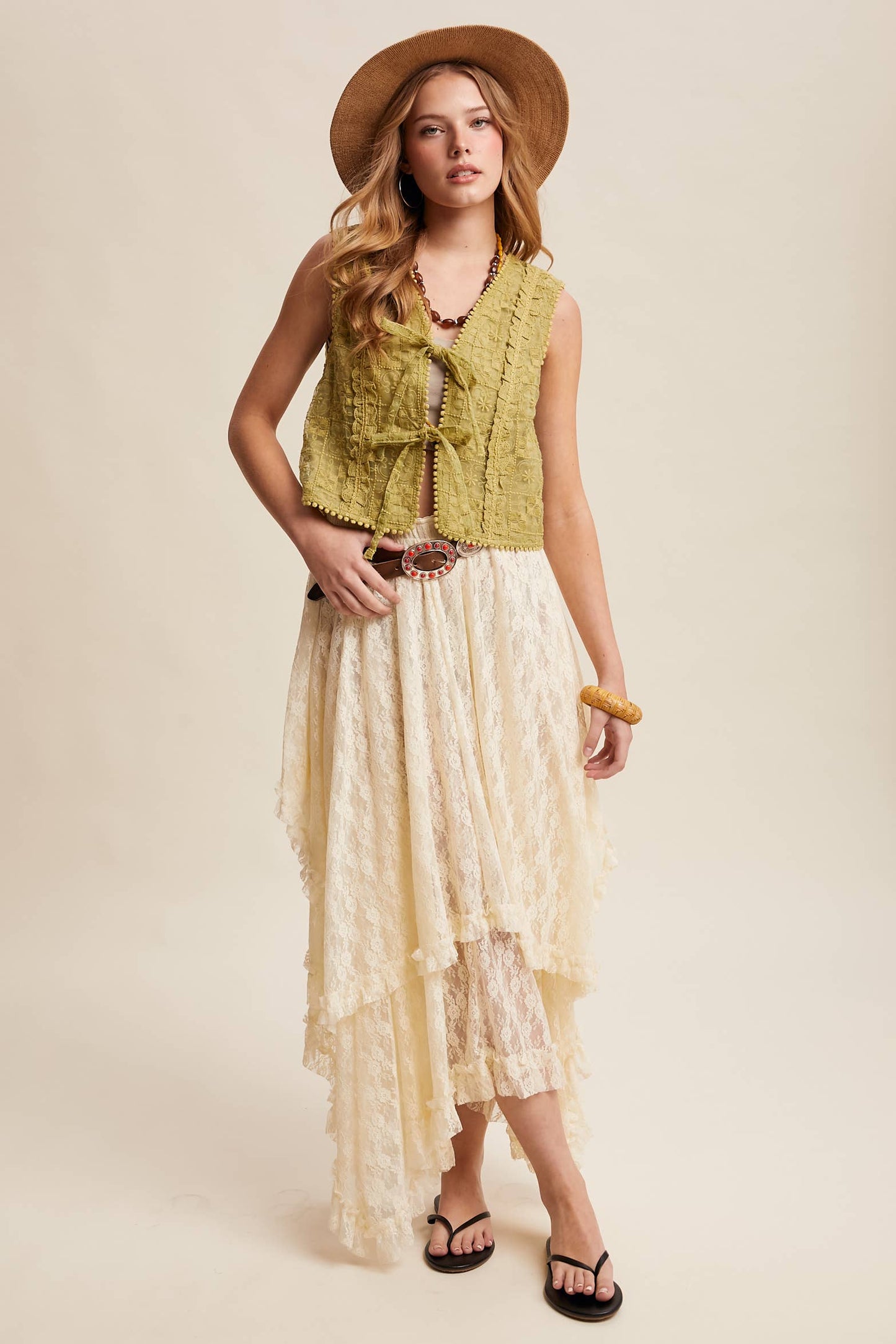 Embroidered Lace Tie-Front Vest