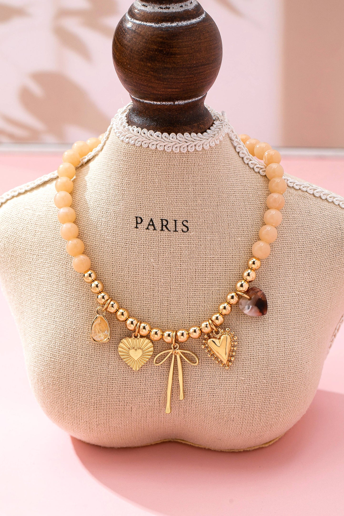 Beige Beaded Bow Heart Rhinestone Charm Necklace