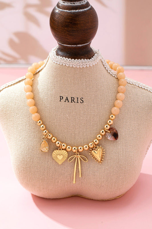 Beige Beaded Bow Heart Rhinestone Charm Necklace