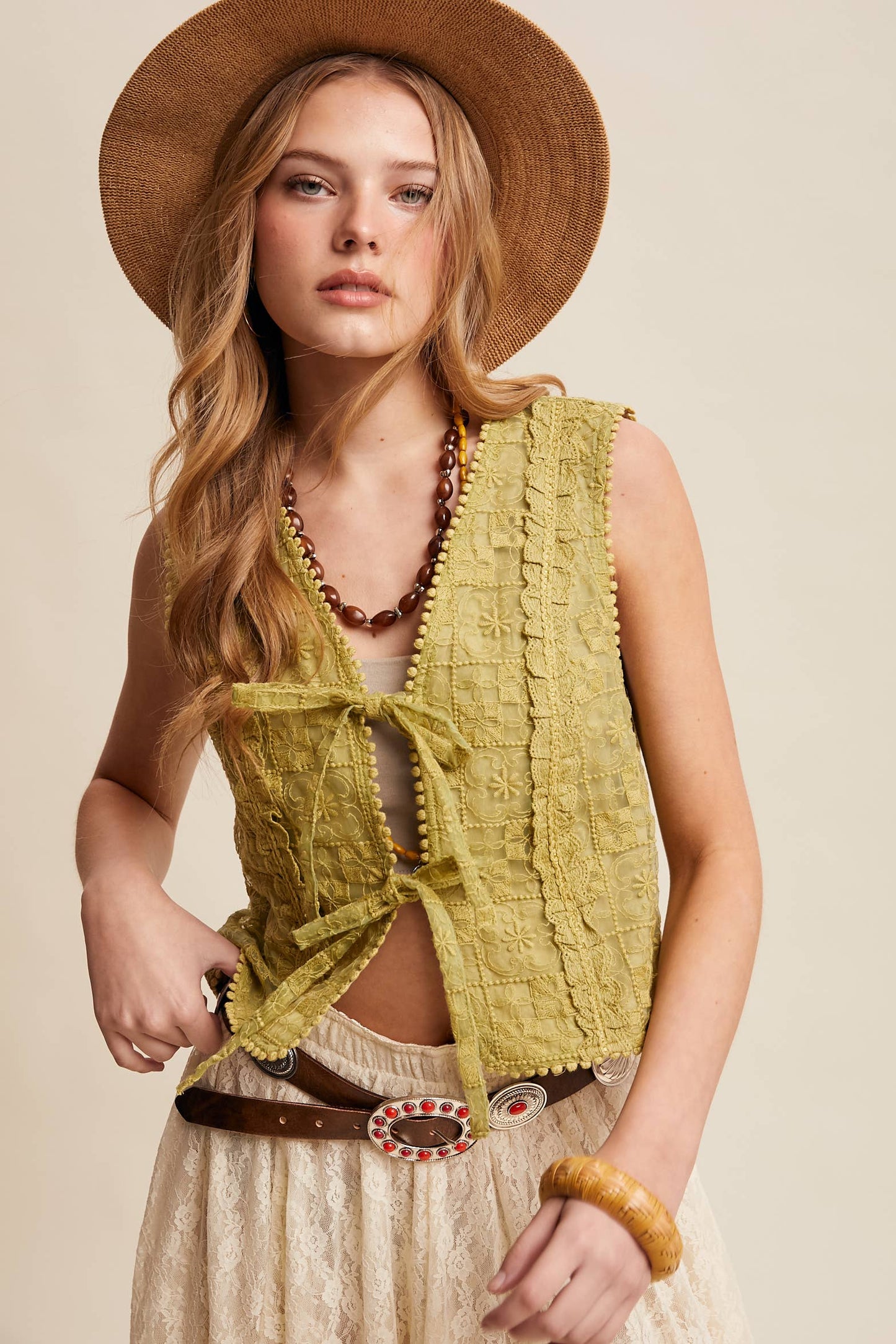 Embroidered Lace Tie-Front Vest