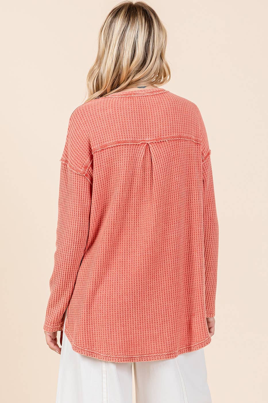 Mineral Wash Waffle Knit V-Neck Long Sleeve Top