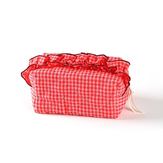 Gingham Ruffled Quilted Cosmetic Bag Pouch