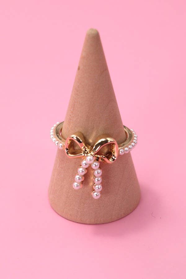 Gold Pearl Bow Ribbon Ring